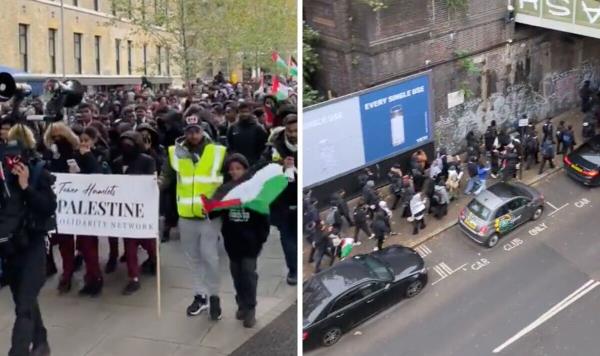 在支持巴勒斯坦的游行中，学生们逃课去袭击工党议员办公室