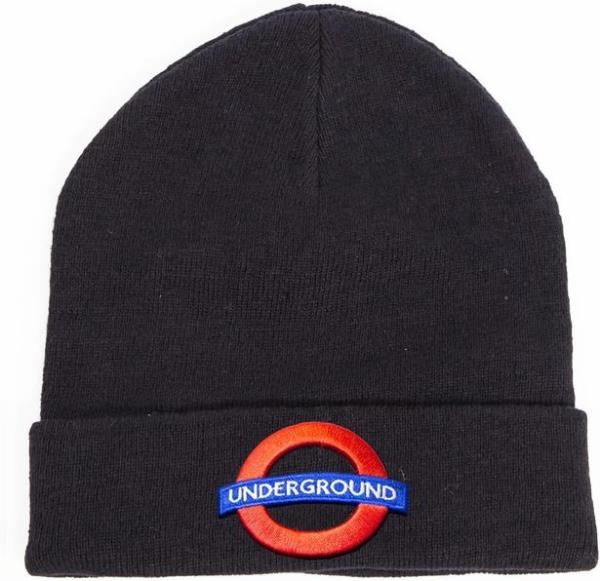 A black beanie hat with the Lo<em></em>ndon Underground roundel logo on the front
