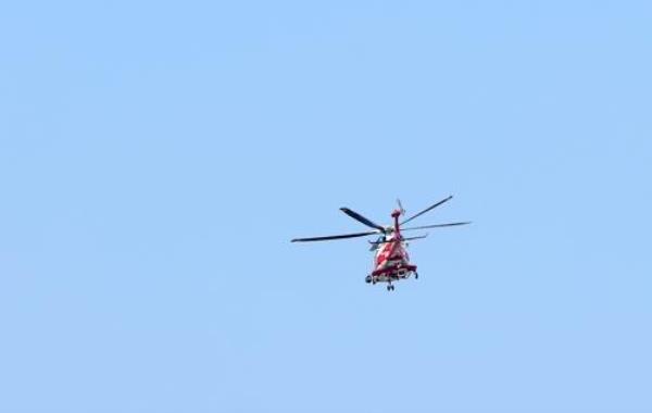 A helicopter carrying opposition leader Lee Jae-myung leaves a hospital in Busan for a hospital in Seoul on Jan. 2, 2024, for surgery. (Yonhap)